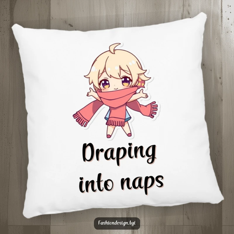 Funny pillow featuring a playful character in a dramatic pose with a long, flowing scarf, embodying theatrical elegance.