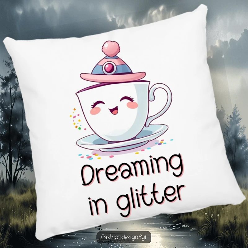 Funny pillow featuring a giggling teacup wearing a fashion hat and playfully pouring colorful glitter.