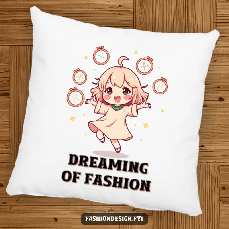 Funny pillow showing a character doing a happy dance surrounded by floating mannequins, a cozy decor item.
