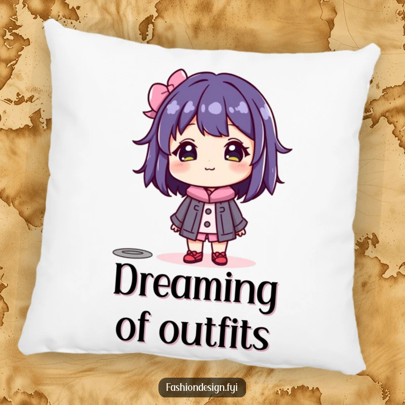 Funny pillow featuring a beaming character admiring a colorful mannequin, embodying a sophisticated appreciation for style.