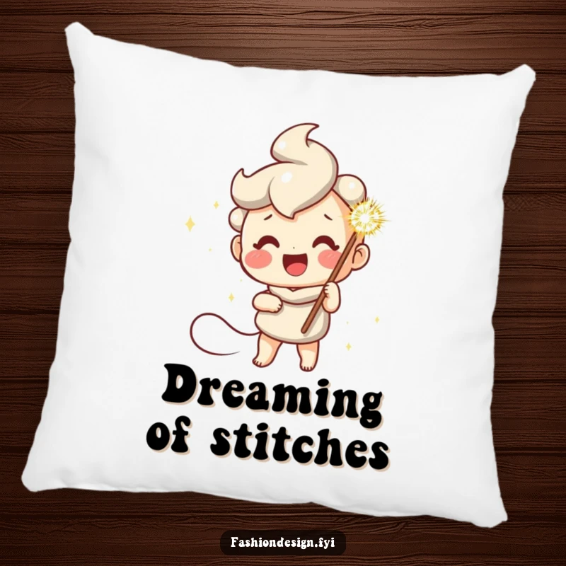 Funny pillow featuring a cheerful character with a giant sparkly needle, offering cozy comfort and a love for crafting.