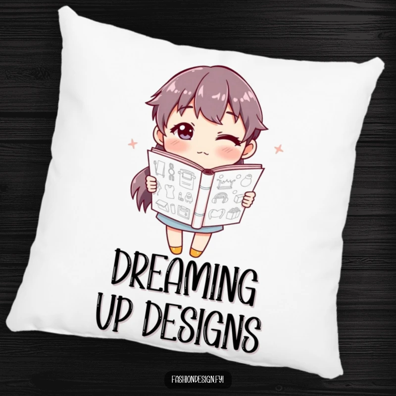 Funny Pillow depicting a winking character holding a sketchbook full of designs, adding humorous decor.