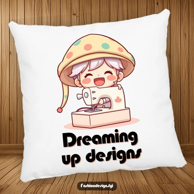 Funny Pillow depicting a gleeful character joyfully sewing a comically oversized hat on a giant sewing machine.