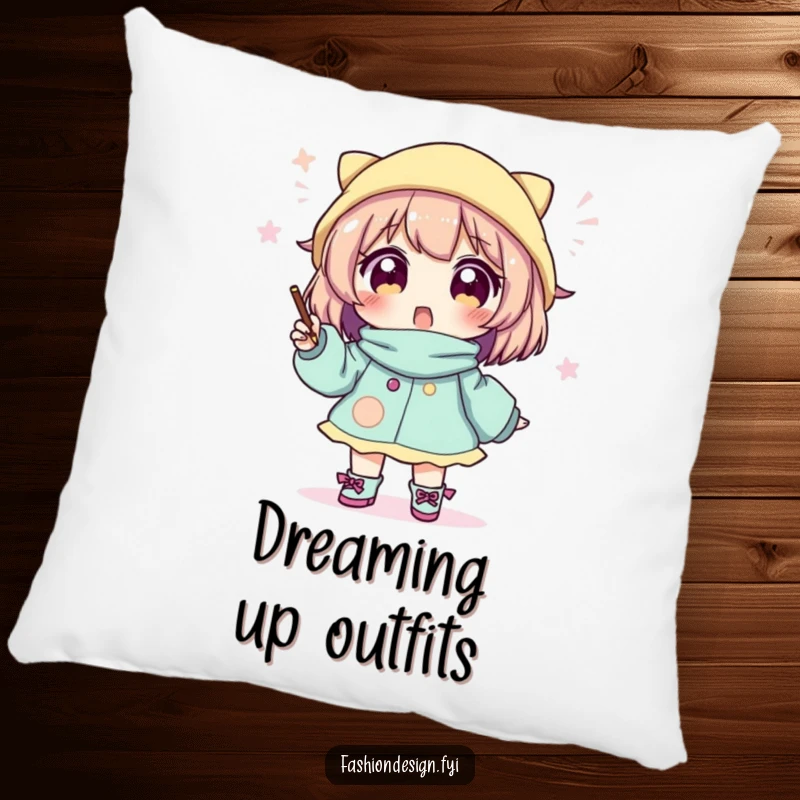 Funny pillow featuring an excited character sketching a whimsical outfit, perfect for a creative and cozy space.