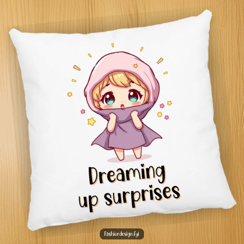 Funny Pillow: Character looking surprised as a fabric swatch magically transforms, bringing comfort and magical humor.