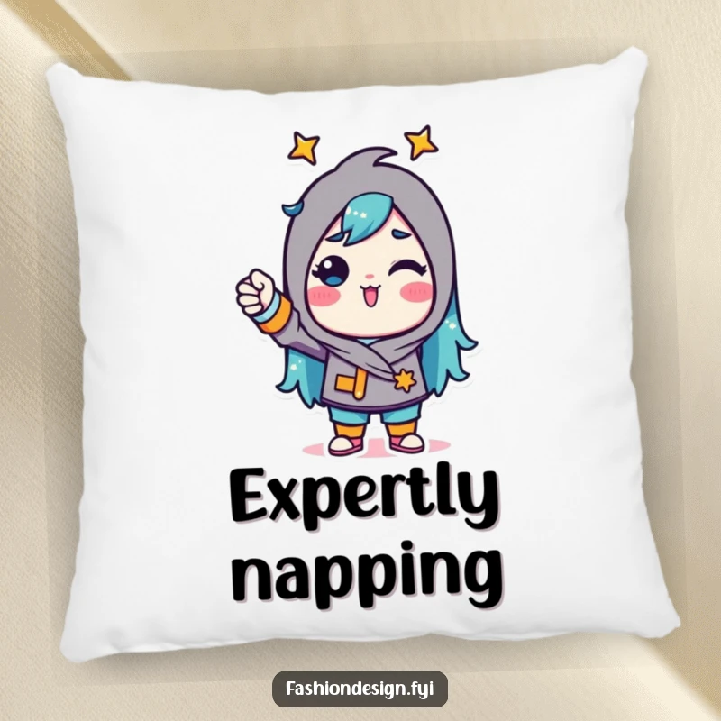 Funny Pillow depicting a triumphant character pinning fabric confidently, adding a humorous touch to home decor.