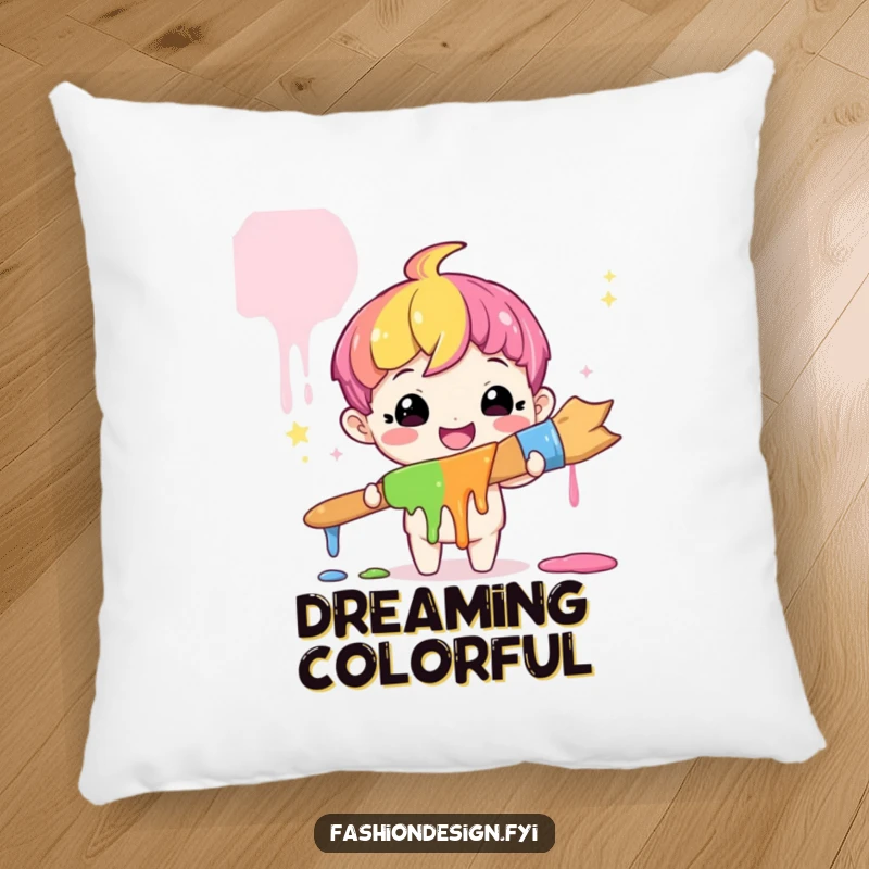 Funny Artist Rainbow Pillow: A cute character with a wide smile holds a giant rainbow paintbrush, humorous comfort, funny gift.