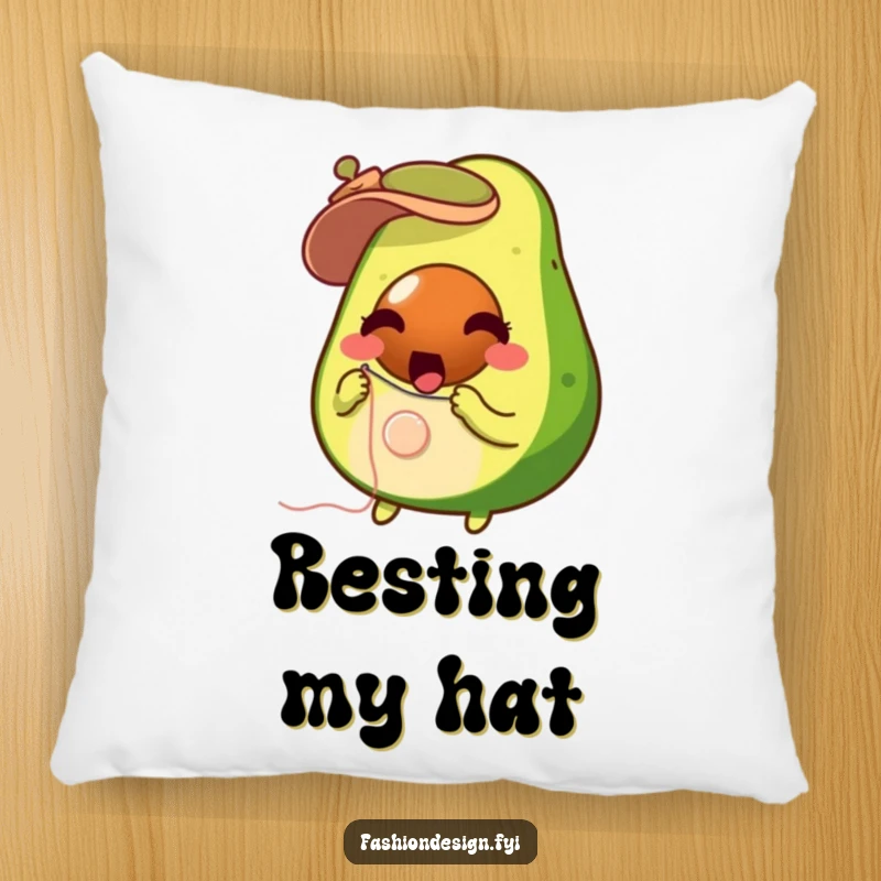 Funny surprised avocado with needle and thread, sewing a button, decorative pillow, perfect funny gift.