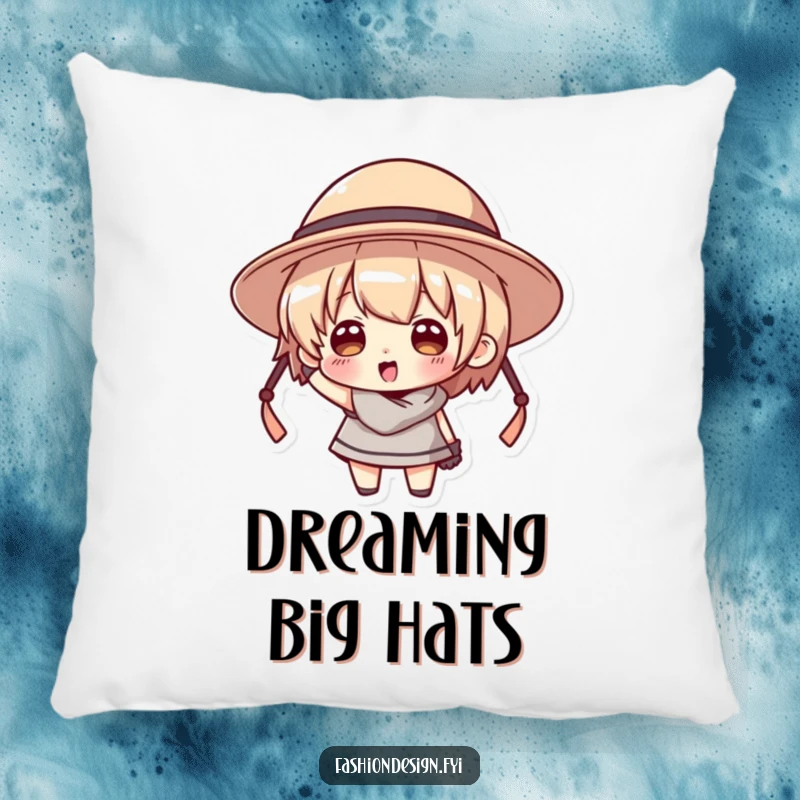 Funny pillow featuring a character comically attempting to wear a hat that is comically too big for their head.