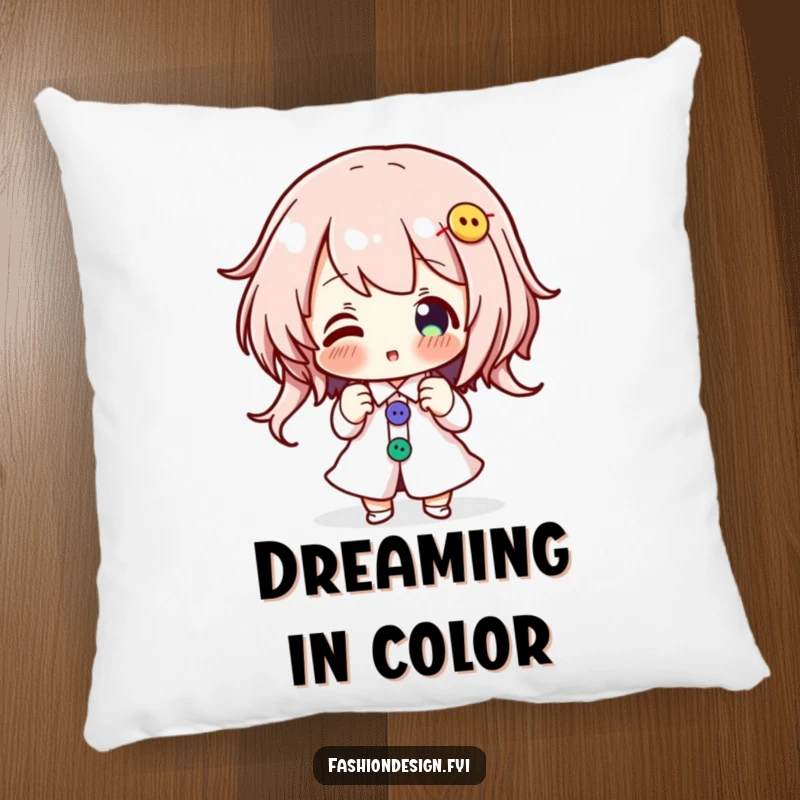 Funny pillow showing an enthusiastic character pinning colorful buttons onto a design, a cozy decor item.