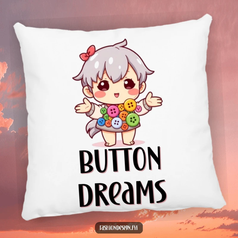 Funny pillow showcasing a proud character artfully arranging a variety of colorful buttons.