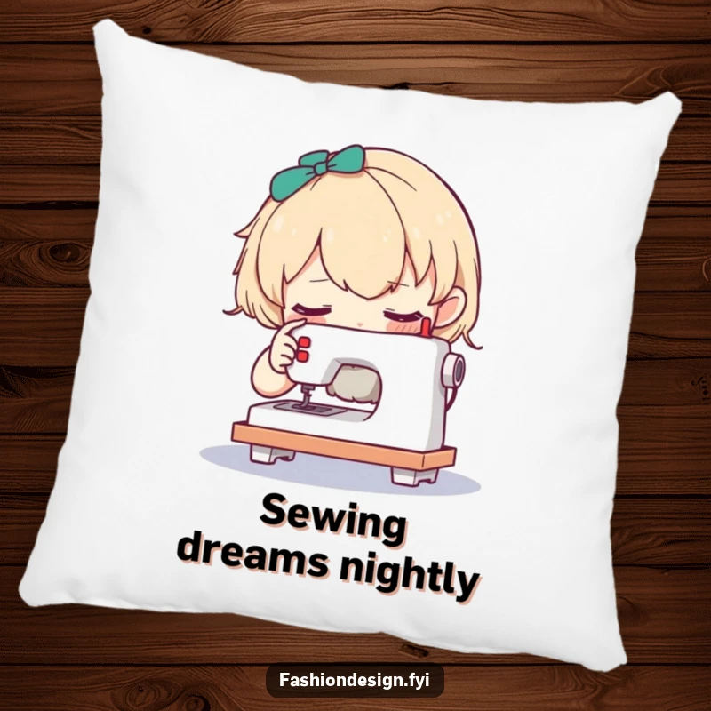 Funny pillow featuring a curious character examining a tiny sewing machine, adding cozy, detailed decor.