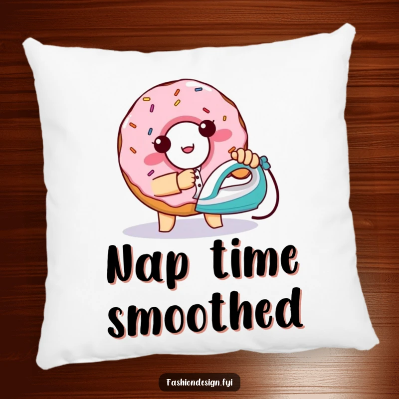 Funny mischievous donut with sprinkles, ironing a shirt, decorative pillow, perfect funny gift.