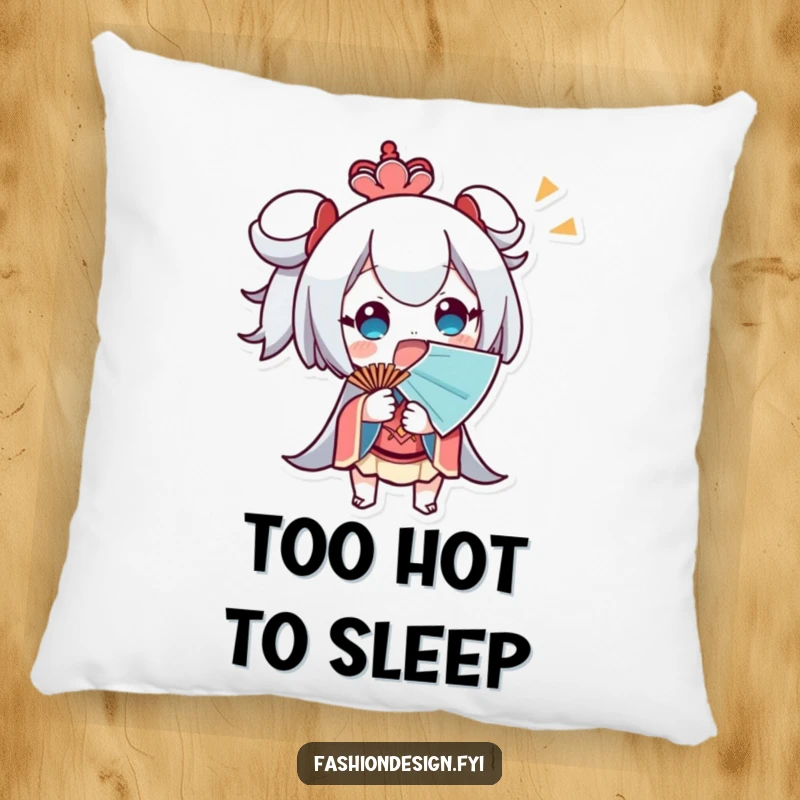 Funny Pillow depicting a surprised character fanning themselves with a large fan, adding humorous comfort to decor.