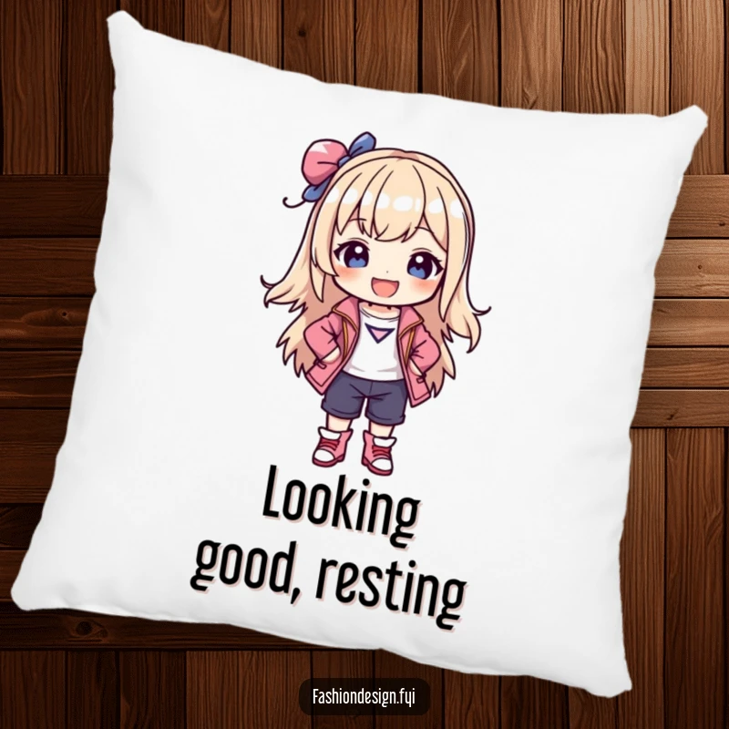 Funny pillow featuring a joyful character posing confidently in a stylish outfit they created, adding comfort and flair.