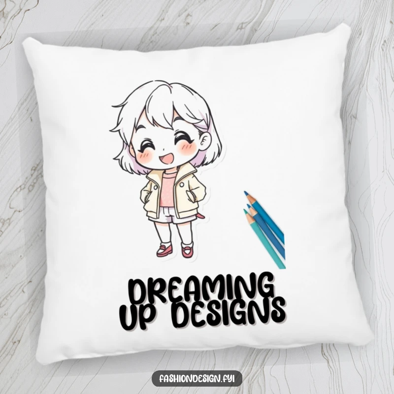 Funny pillow featuring a cheerful character sketching a fashion design with great enthusiasm, adding comfort and humor.