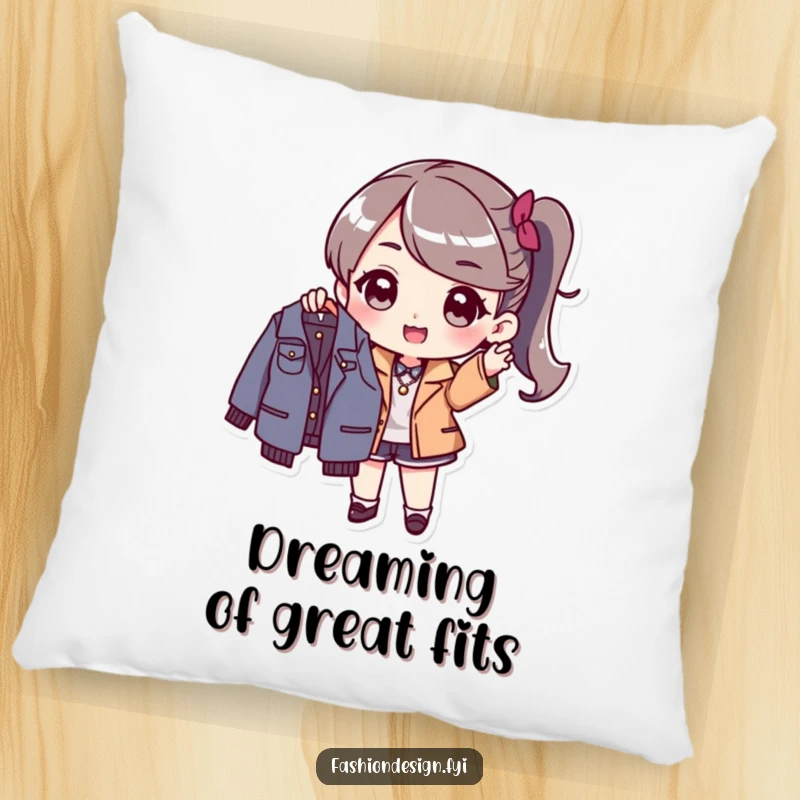 Funny Pillow: Stylish character holding up a new fashionable garment, bringing comfort, style, and humor to your home.