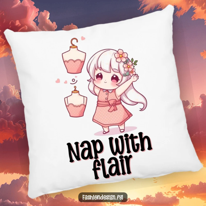 Funny Florist Flower Pillow: A whimsical character tosses a flower-adorned mannequin head, humorous comfort, funny gift.