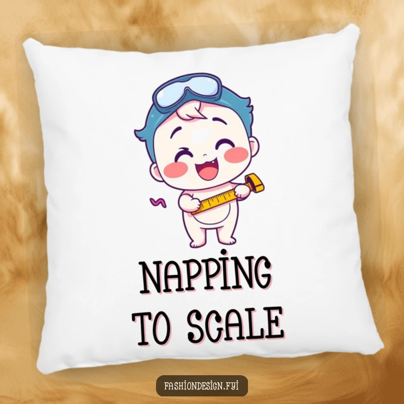 Funny pillow showing a cheerful character engrossed in using a measuring tape, conveying focused excitement and a love for detail.