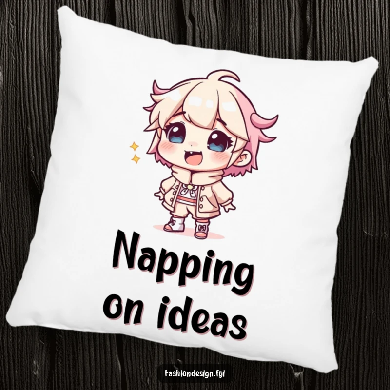 Funny Designer Pillow: A giggling character sketches an eccentric outfit, offering plush comfort and a dose of artistic humor.