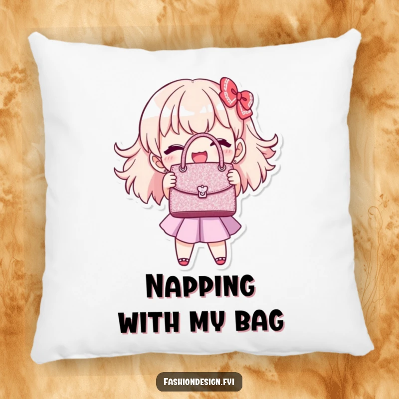 Funny handbag stitcher pillow showing a joyful character showing off a perfectly stitched, miniature, glittering handbag, comfortable funny gift.