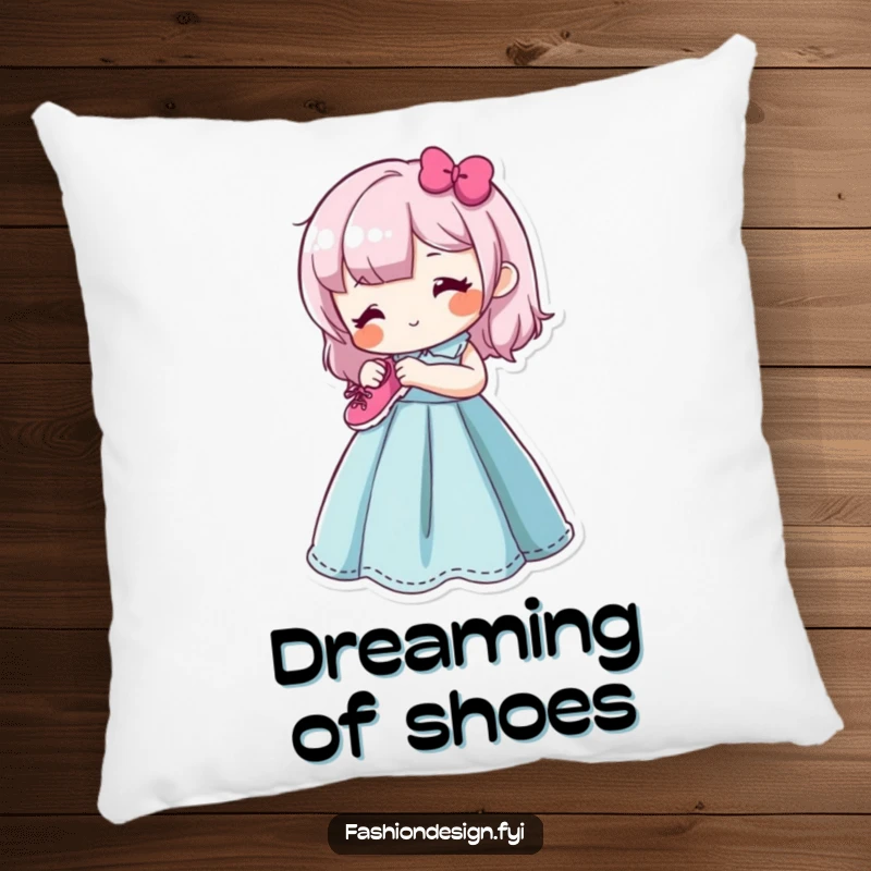 Funny pillow showing a content character happily sewing a small, smiling shoe onto a colorful dress form, bringing cozy crafting vibes.