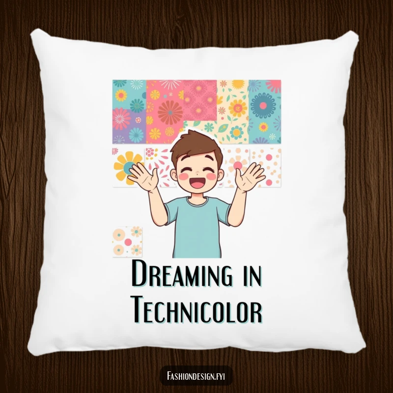 Funny pillow featuring an excited person pointing at a busy mood board filled with colorful and intricate design patterns.