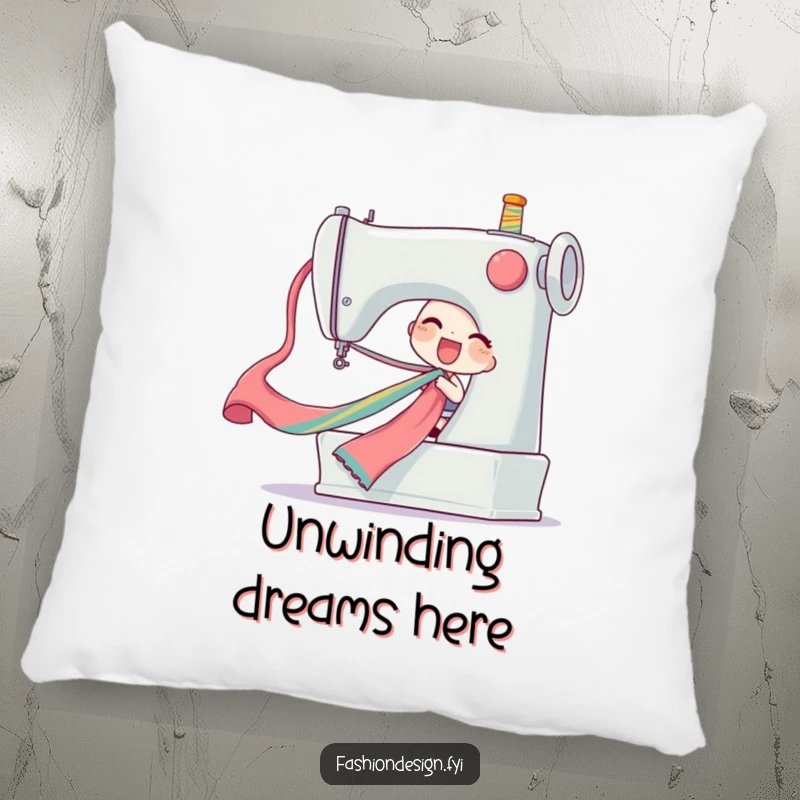 Funny ribbon pull pillow showing a delighted character pulling a long colorful silk ribbon from a giant sewing machine, comfortable funny gift.