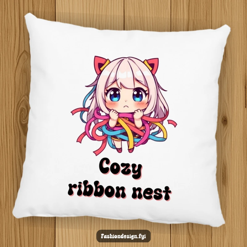 Funny pillow showing a character comically tangled in colorful ribbons with a playfully frustrated expression.