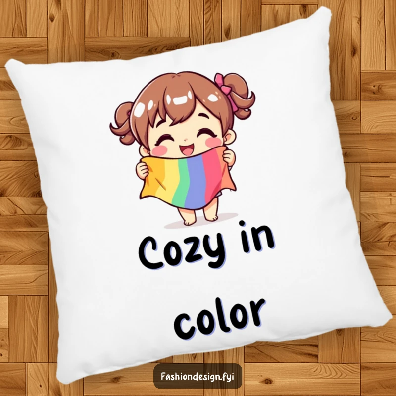 Funny pillow featuring a character holding a fabric swatch, designed for crafty comfort and joyful decor.