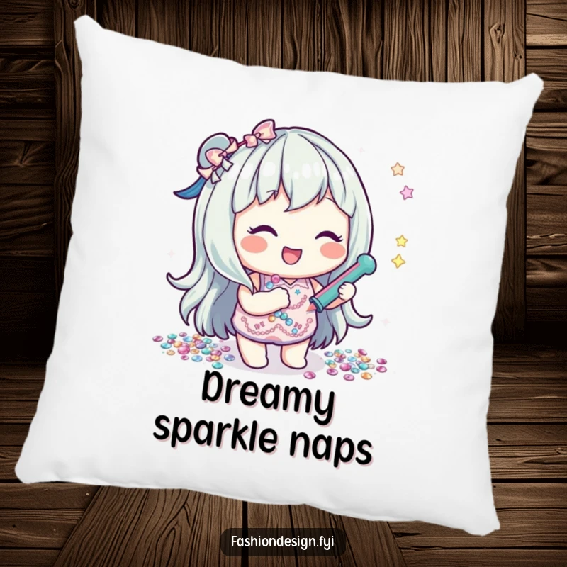 Funny pillow featuring a happy character gluing shiny sequins, adding a cozy and sparkly touch to any room.