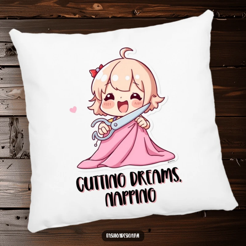 Funny pillow featuring a playful character excitedly cutting fabric with large scissors, adding comfort and humor.