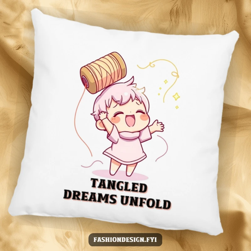 Funny pillow featuring a character gleefully tossing a spool of shimmering thread, perfect for a cozy crafting nook.