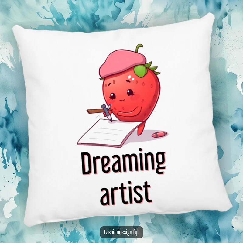 Funny plump strawberry in a beret, sketching on a notepad, decorative pillow, perfect funny gift.
