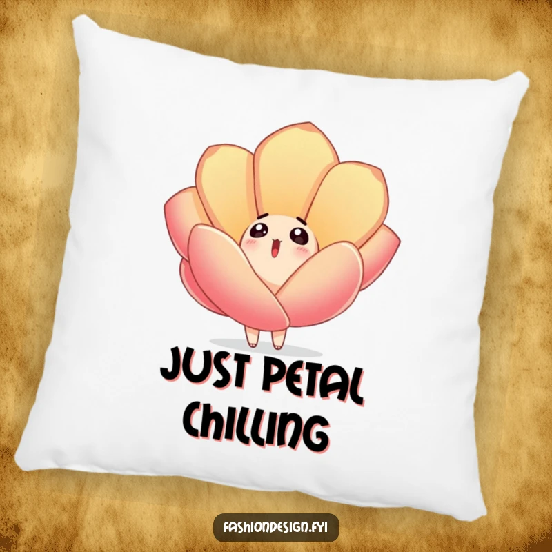 Funny pillow showcasing a surprised character looking up as a soft, embroidered fabric petal drifts gently down, adding a touch of whimsy.