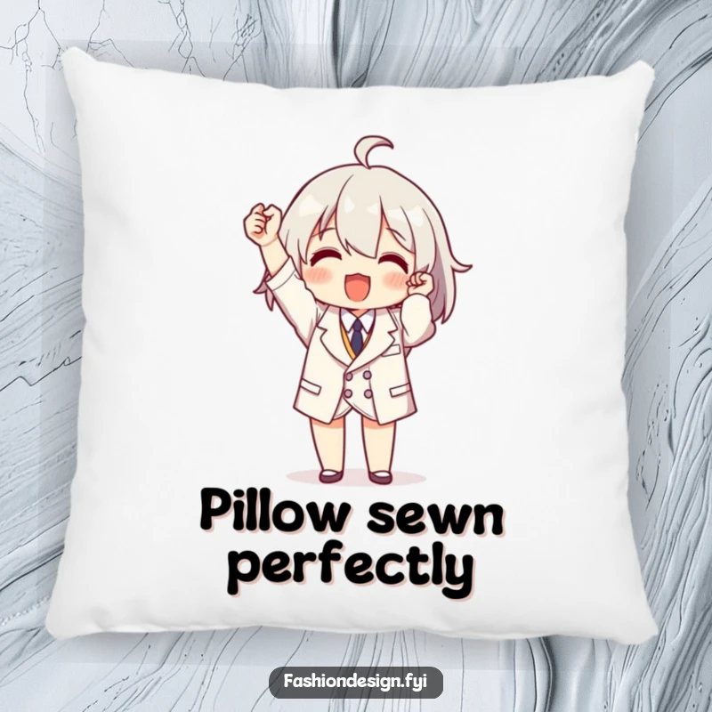 Funny pillow featuring a triumphant character holding a perfectly tailored miniature garment, perfect for a crafter's space.