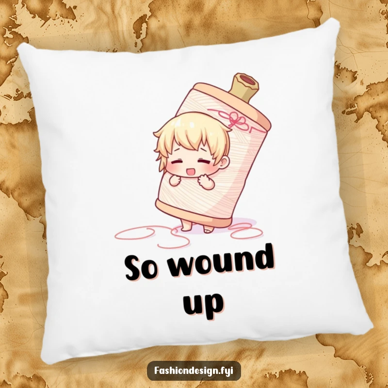 Funny pillow showing a cute character adorably losing a battle with a massive spool of thread, a comfy decor piece.