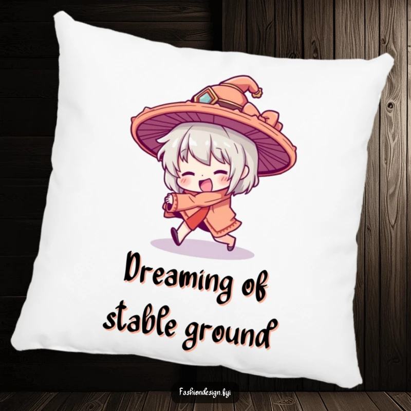 Funny pillow showcasing a character hilariously tripping, their large, fancy hat askew, bringing comical relief to any seating area.