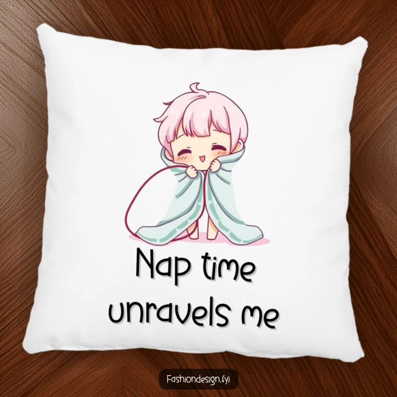 Funny pillow with a character hilariously unraveling fabric by pulling a thread. Soft, humorous decor and gift.