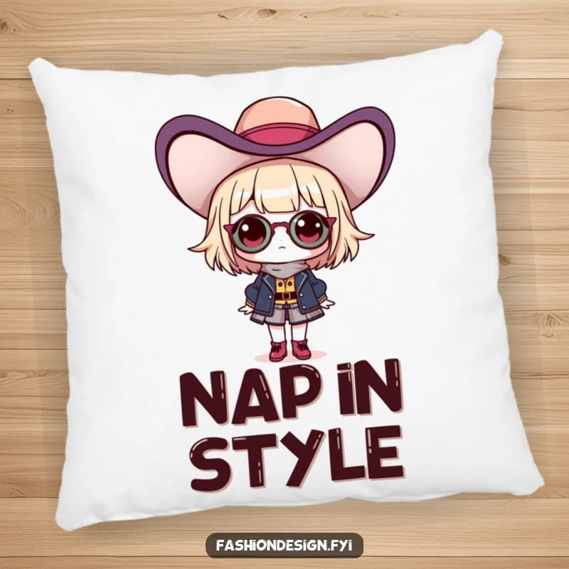 Funny pillow featuring a proud fashionista character with an outlandish hat, adding a touch of cozy glamour.