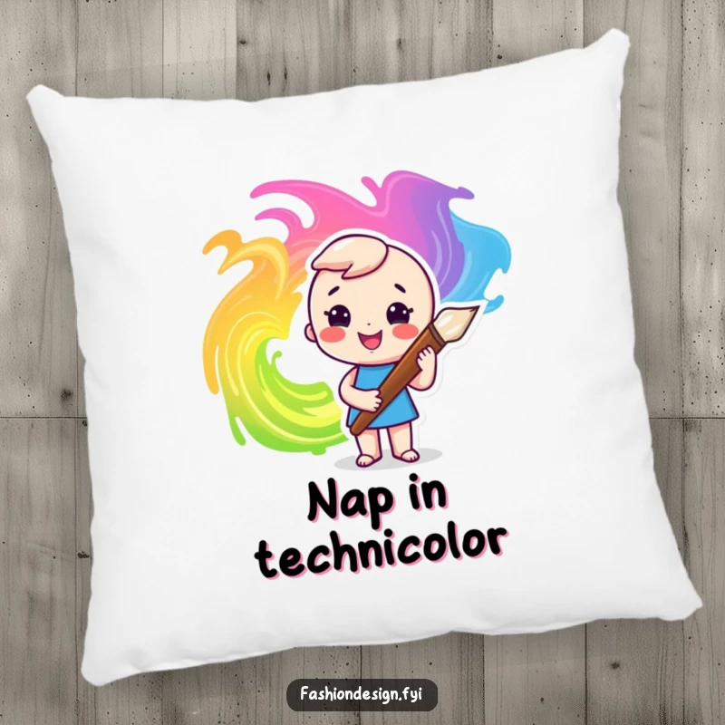 Funny pillow featuring a character happily creating colorful swirls with a large, vibrant paintbrush, adding artistic flair.