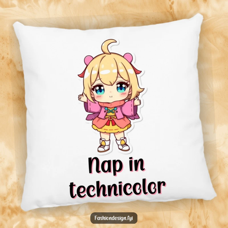 Funny Pillow: Character proudly displaying a colorful, uniquely designed outfit, bringing comfort and unique style home.
