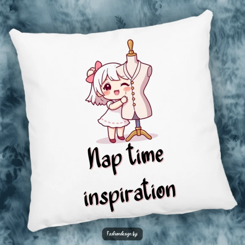 Funny seamstress pillow featuring a character happily pinning fabric to a mannequin, offering comfort and creative charm, a fun gift.