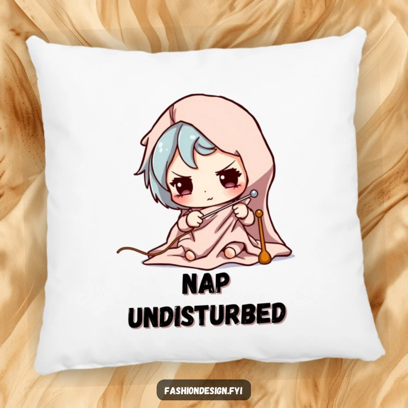 Funny pillow showcasing a character's focused expression while pinning fabric with sewing pins.