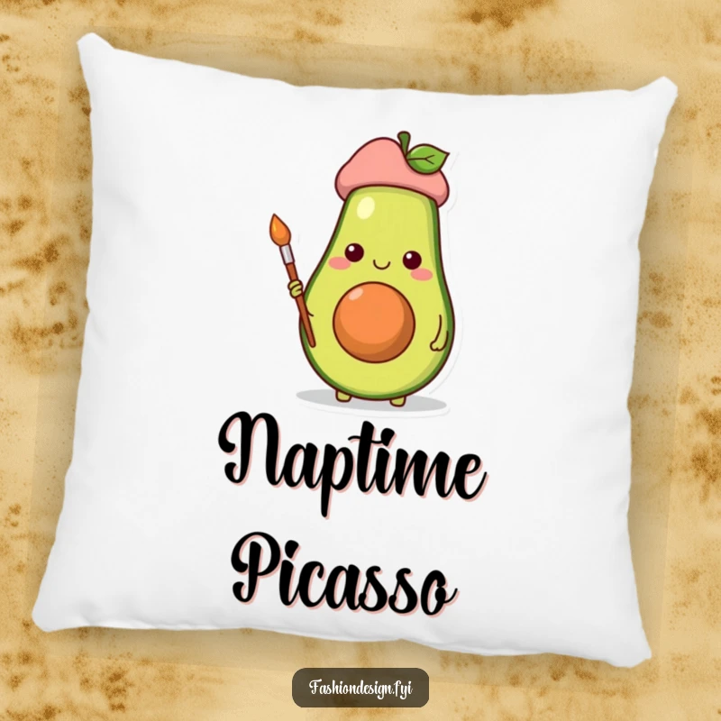 Funny pillow featuring a cheerful avocado artist with a beret and paintbrush, adding a touch of art.