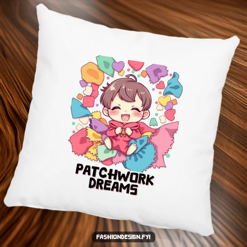 Funny pillow design of a happy character giggling while submerged in a vibrant heap of colorful fabric scraps, offering comfort and humor.