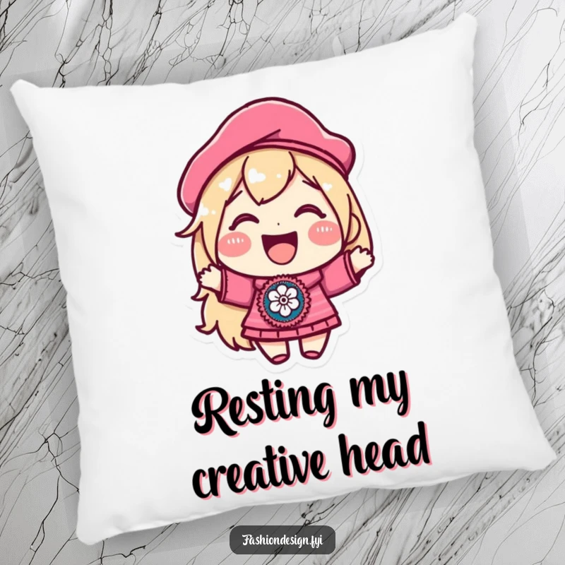 Funny pillow featuring a joyful character in a beret, proudly showcasing a beautifully embroidered patch, perfect for adding comfort and charm to any room.