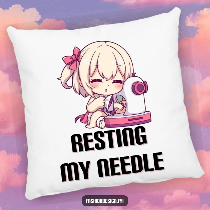 Funny Pillow: Dramatic character posing with a sewing machine in mid-stitch, bringing comfort and sewing humor.