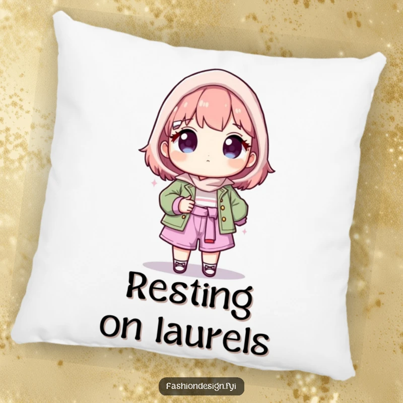 Funny decorative pillow featuring a proud character holding up their completed fashion creation, adding humor to any room.