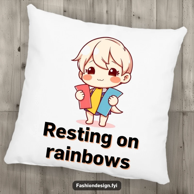 Funny pillow with a happy character selecting colorful fabric swatches, providing comfort and a touch of creative humor.